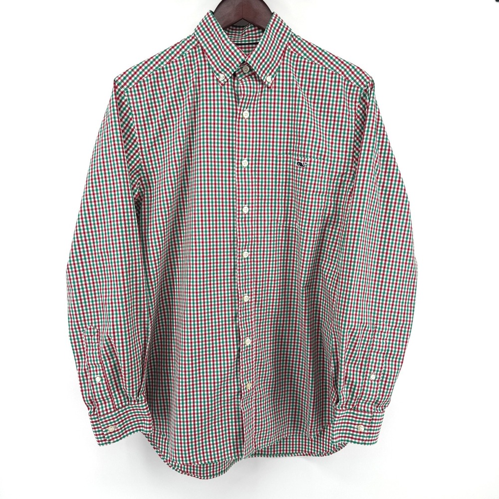 Vineyard Vines Slim Fit Tucker Shirt Mens M Red Green Gingham Christmas Holiday
